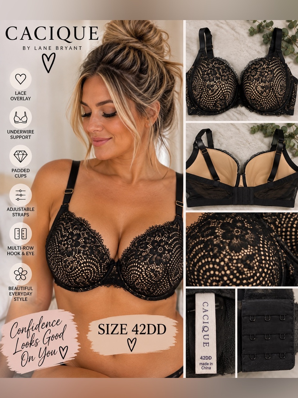 Cacique 42DD Black Lace Underwire Bra Nude Lined Padded Cups